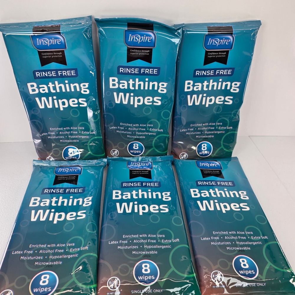 6 Packs of 8 Inspire Rinse Free Bathing Wipes 48 Total Wipes Aloe Vitamin E